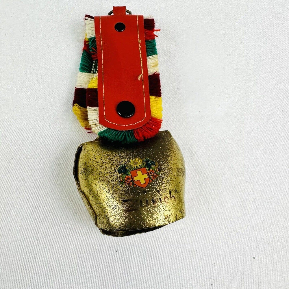 Vintage Swiss Souvenir Cow Bell on Leather Ribbon Zurich, brass
